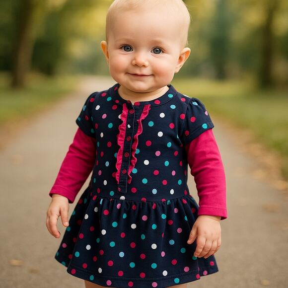 Jean Bourget Tiny Fall Fille Indigo Polka Dot NEW NWT Dress Pink 12 mo - Picture 2 of 6